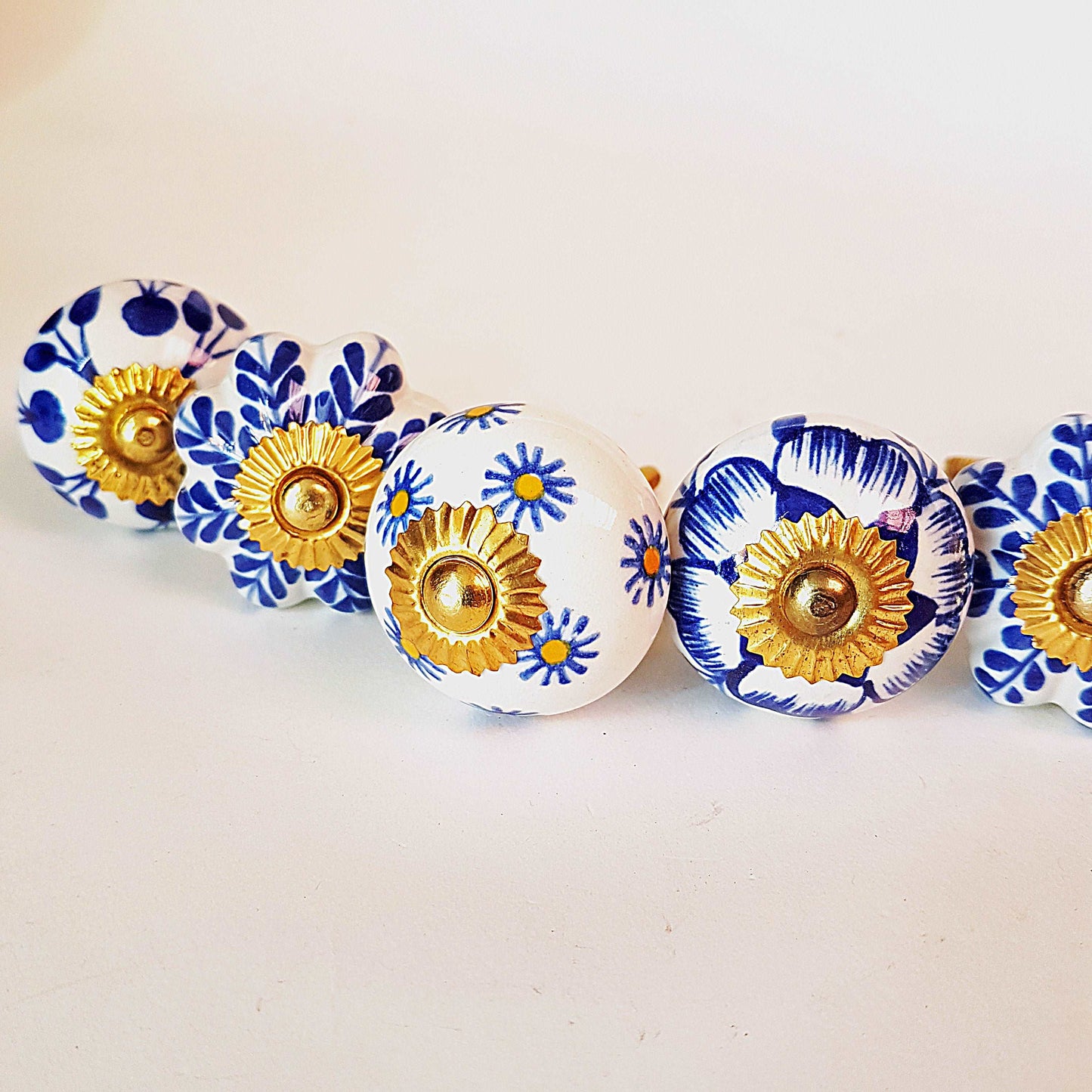 8 Delft blue cupboard knobs, ceramic hand painted, for cabinets, furniture and home decorating. Antique vintage drawer pulls. 1.5 inches.