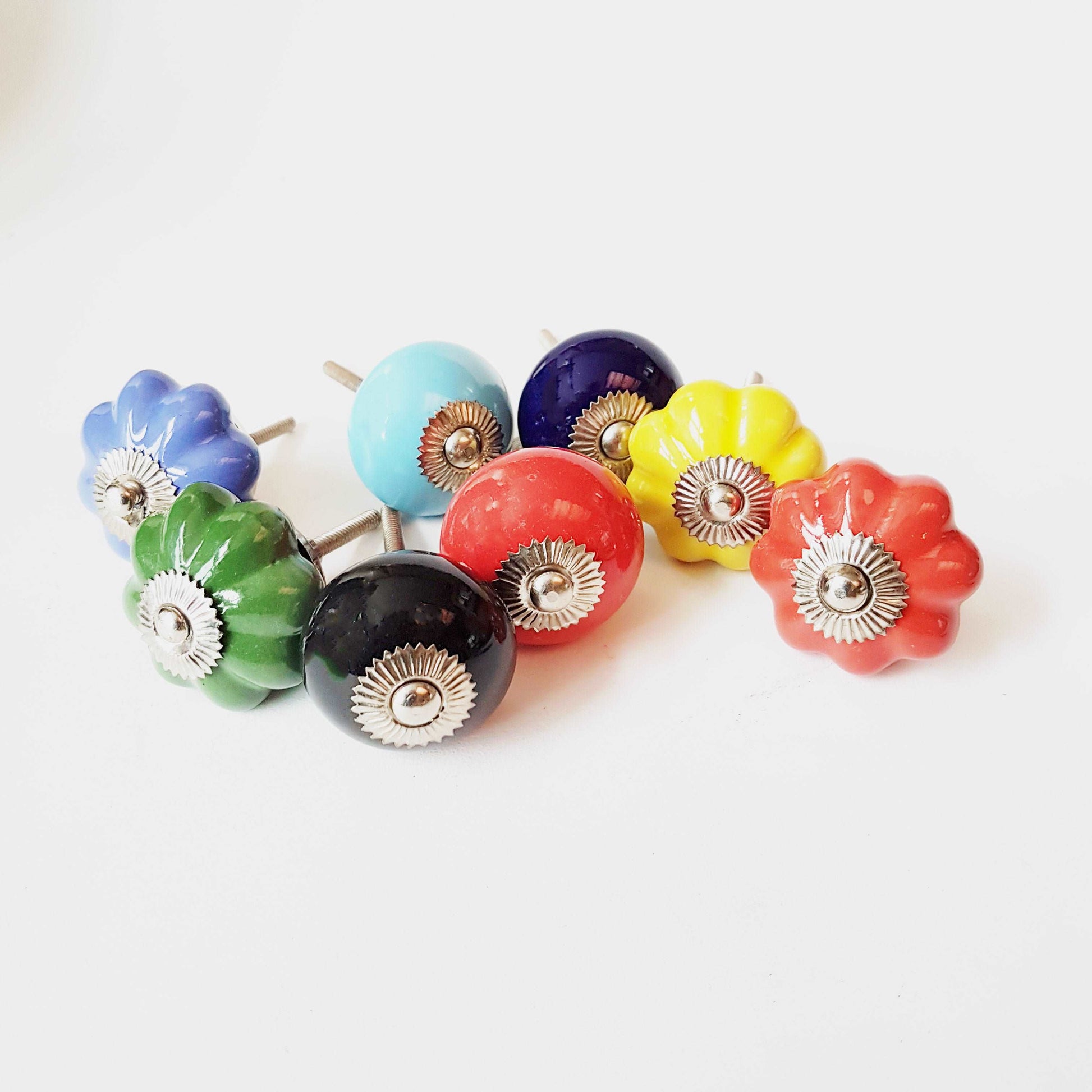 8 cabinet knobs-drawer pulls for cupboards & dressers. Ceramic 8 piece hardware set of vibrant solid colors. 1.5 inch diameter.