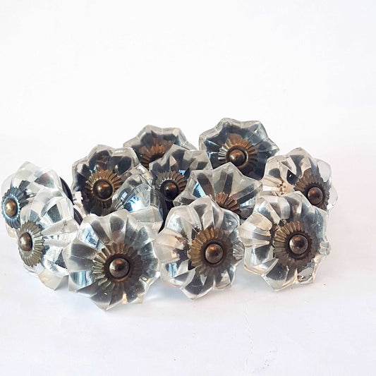 12 clear crystal cabinet knobs. Cut glass pulls in melon shape.