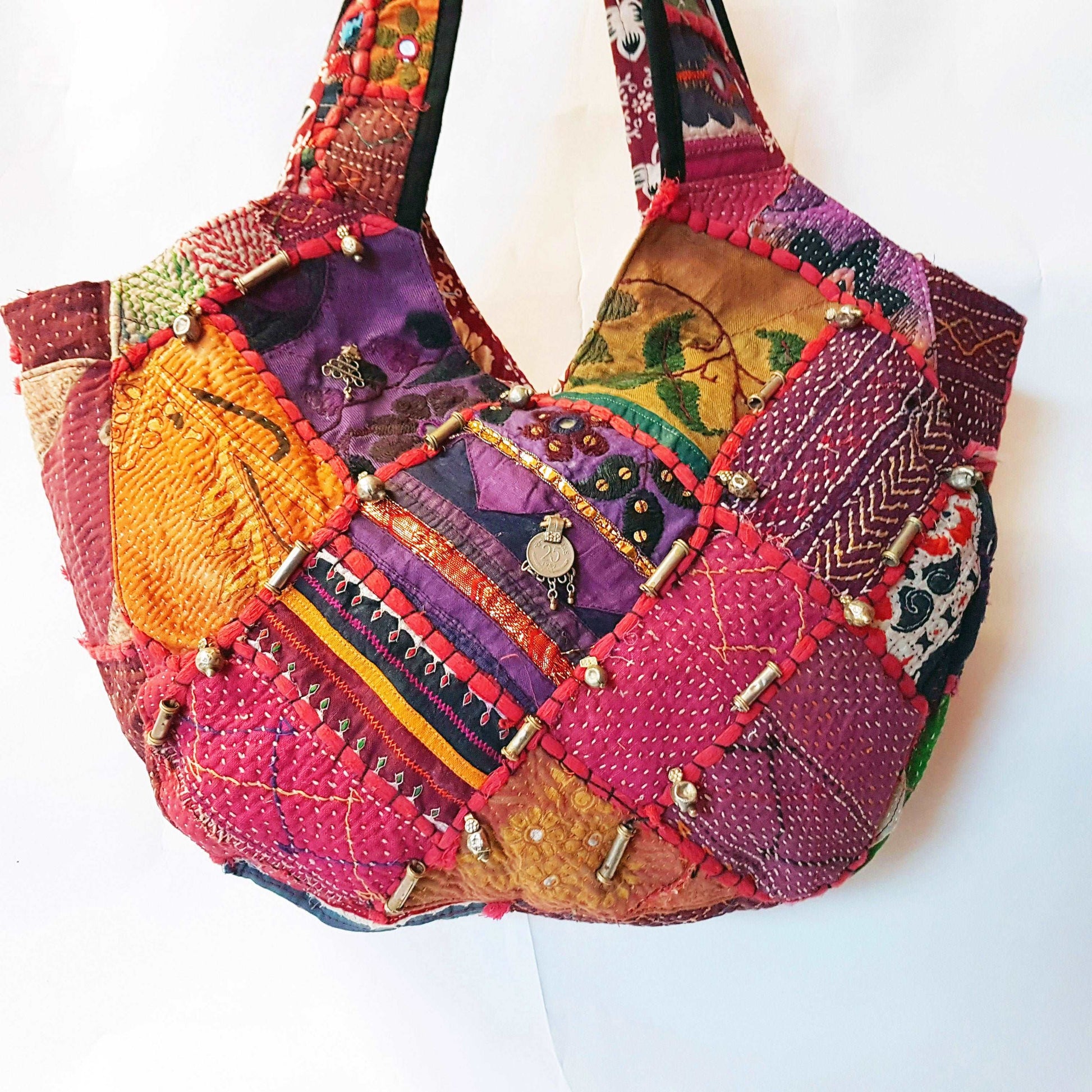 Banjara shoulder bag. Authentic vintage tribal gypsy tote with silver bead ornaments & embroidered mirror work. One of a kind. Rare find.