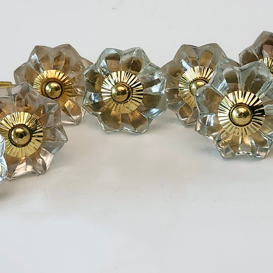 12 clear crystal cabinet knob pulls scalloped shape with large gold centers & hardware.