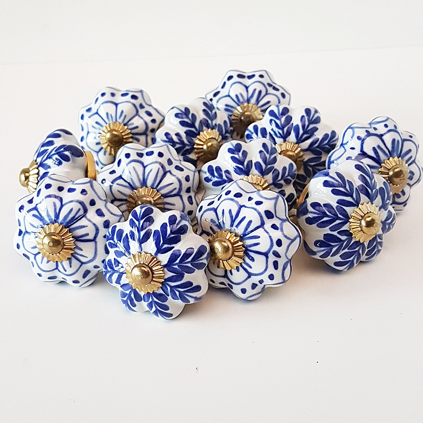 Set of 12 Delft blue & white cupboard knobs, ceramic hand painted.