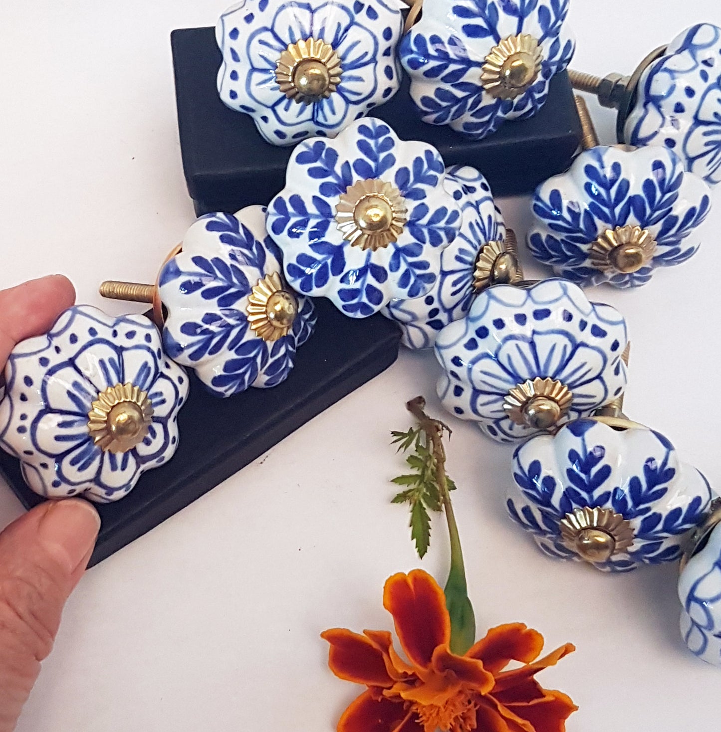 Set of 12 Delft blue & white cupboard knobs, ceramic hand painted.