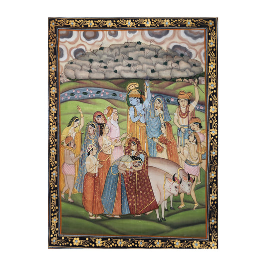 Vintage Hand Painted Original Pichwai Art on Silk Canvas. Krishna Holding up Mount Govardhana. Rare Collectible. One of a Kind Unframed.