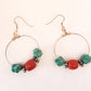 Silver hoop earrings with coral beads & raw turquoise stones.