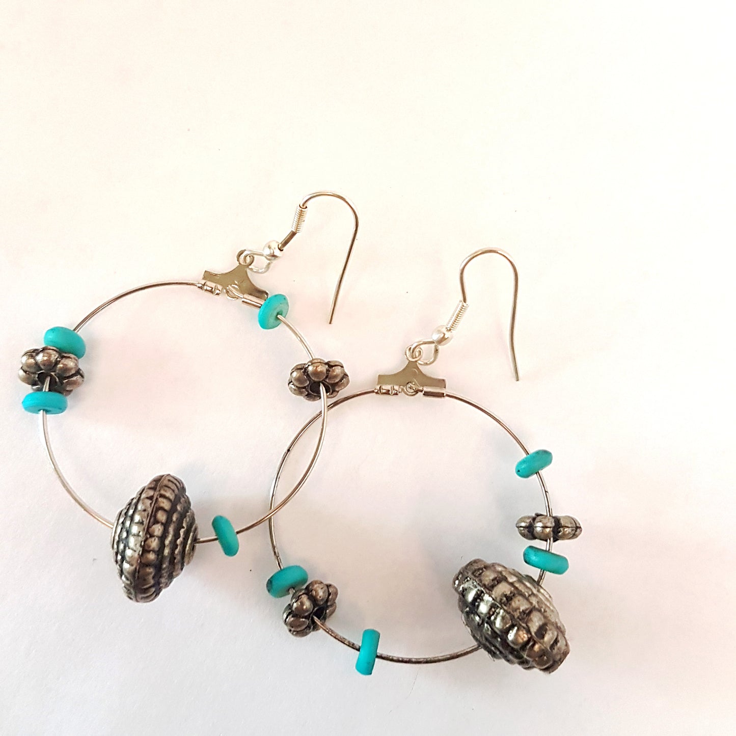 Silver hoop earrings with engraved vintage pewter beads & turquoise stones.