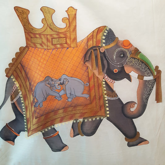 Magnificent vintage original pichwai painting of an elephant 33 by 32 inches. Hand painted on silk. You can hang as wall tapestry or frame.