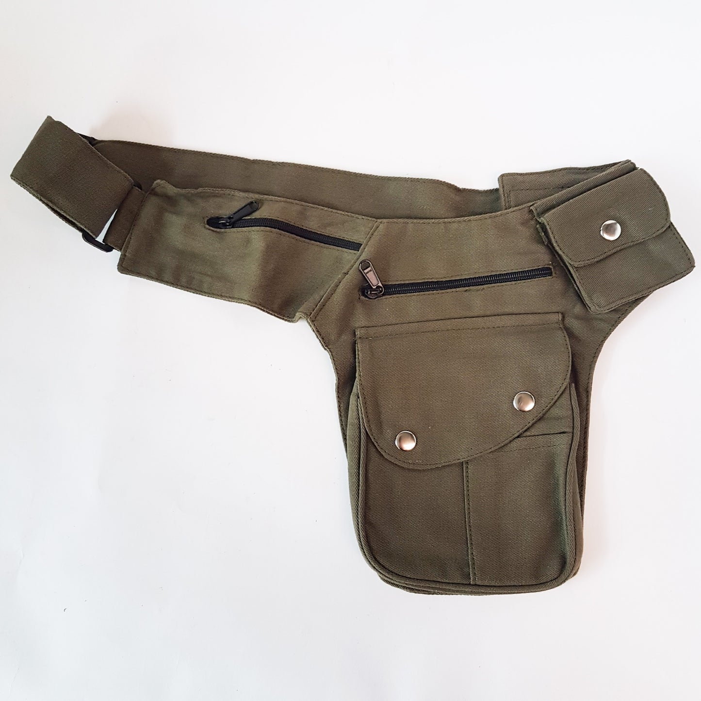 Utility festival belt in black,army green, blue. Unisex travel & shopping money belt.  Adjustable to 48 inches. 6 pockets-4 zip, 2 cargo . Handy coin pouch.
