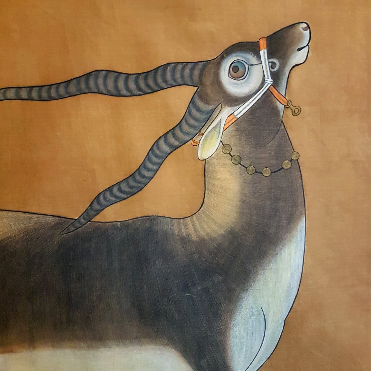 Vintage Original Hand Painted Pichwai painting. Gazelle 42 by 53 inches.