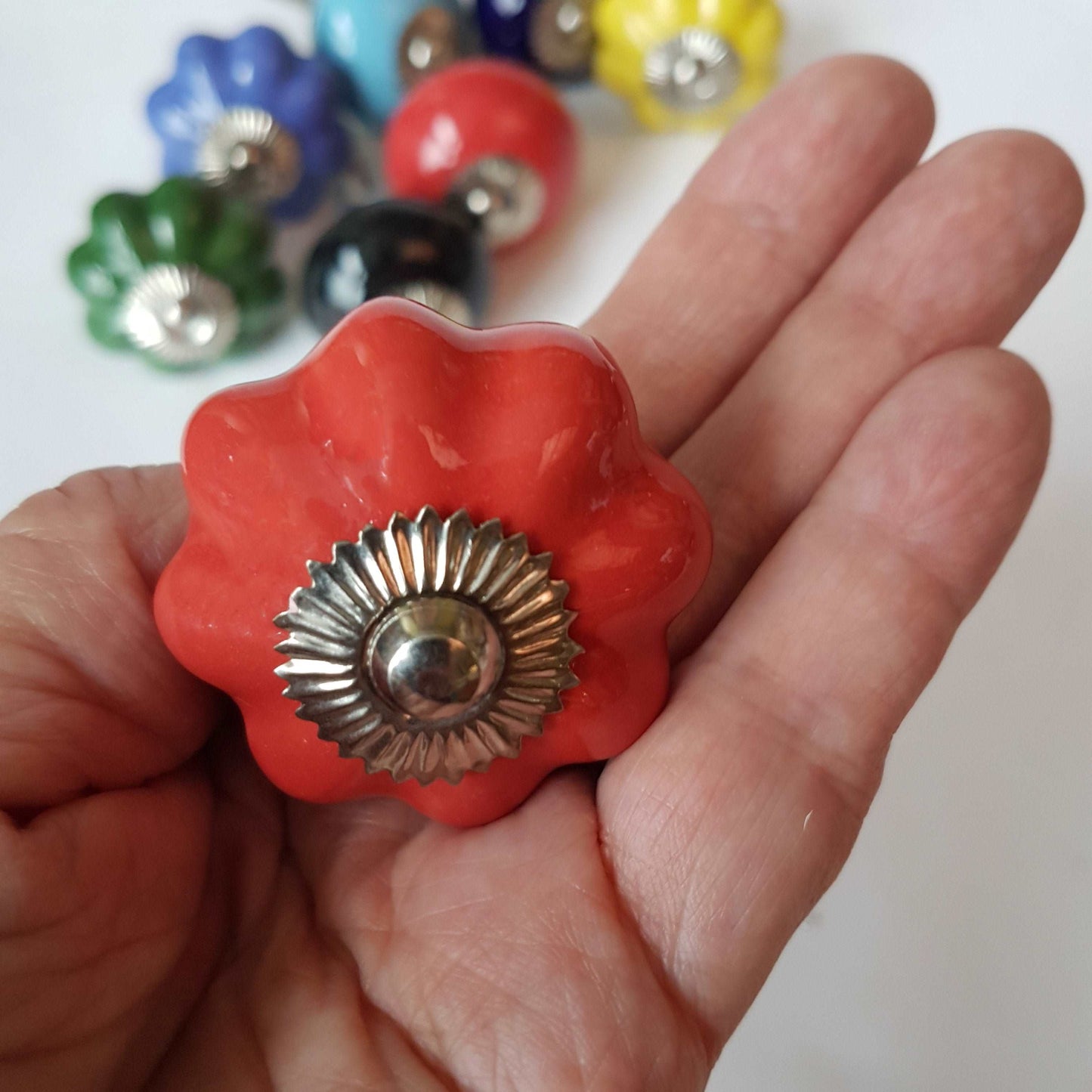 8 cabinet knobs-drawer pulls for cupboards & dressers. Ceramic 8 piece hardware set of vibrant solid colors. 1.5 inch diameter.