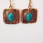 Square Shape Turquoise Gemstone Earrings in a Unique Silver-Gold Setting.