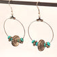 Silver hoop earrings with engraved vintage pewter beads & turquoise stones.