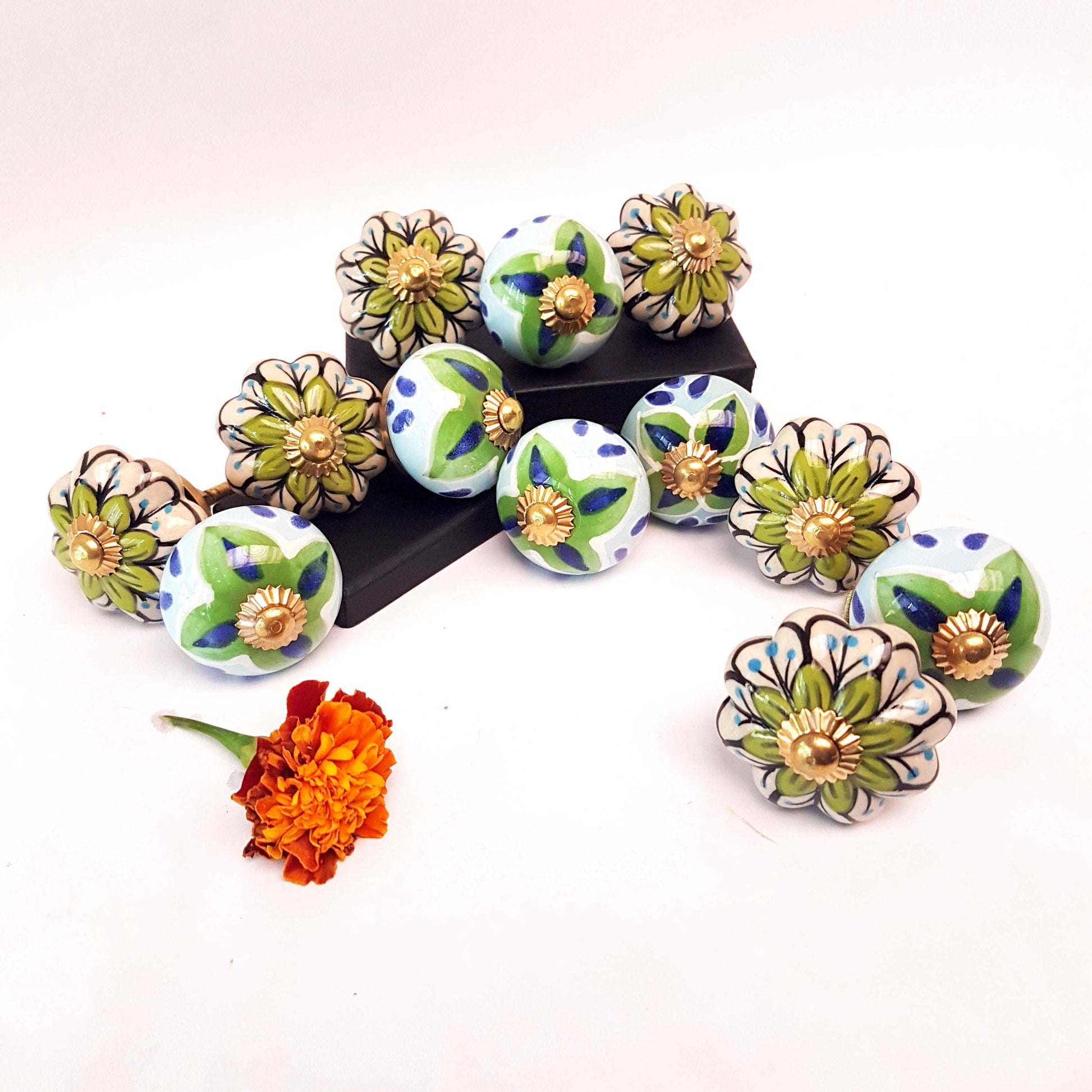 Cabinet knob drawer pull set of 12 in blue & green floral designs.