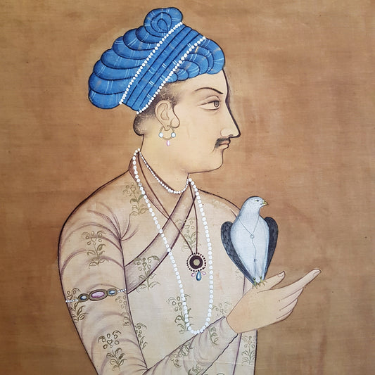 Vintage Original Pichwai Painting. Mughal Prince with Falcon. 39 by 21 inches.