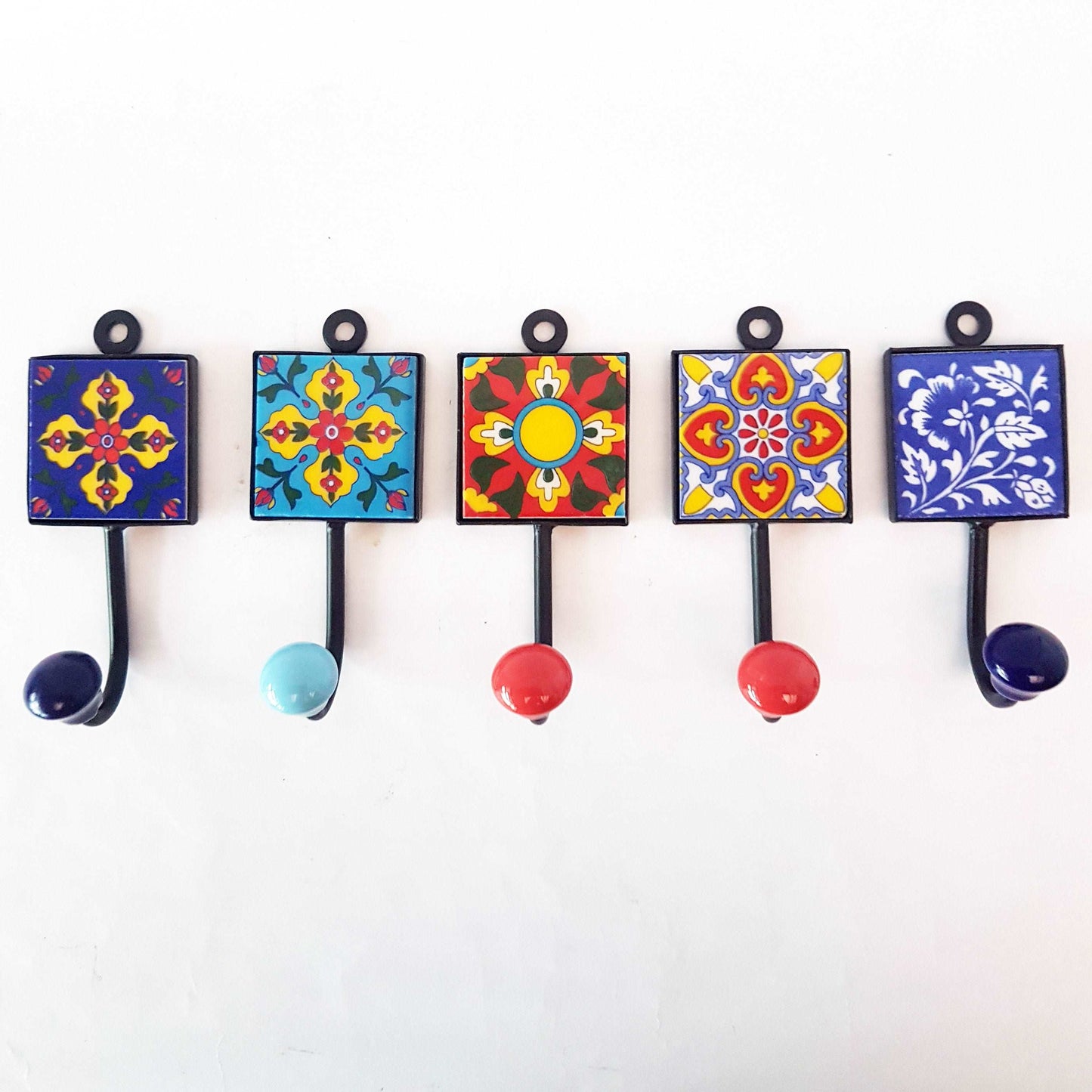 5 Coat hooks-wall hook hangers for decorative home decor. Corfu exclusive collection of 5 hand painted ceramic hooks . Sturdy 4.5 by 2 inch.