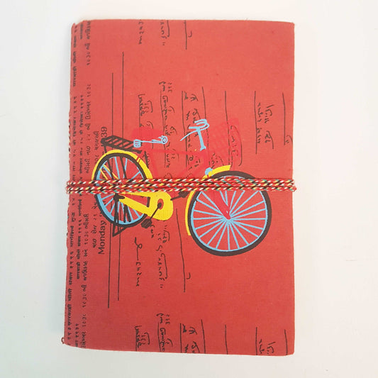 Bicycle notebook journal 5 by 7 inch size handy for bag and backpack. Use as sketchbook and personal diary, Handmade rag paper pages!