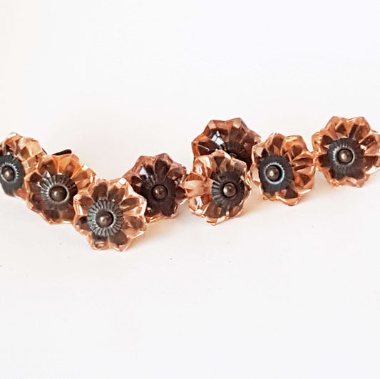 8 cranberry glass cabinet knobs with antique finish bronze centers. Transparent pink cut glass drawer pulls. Furniture hardware. 1.5 inch.