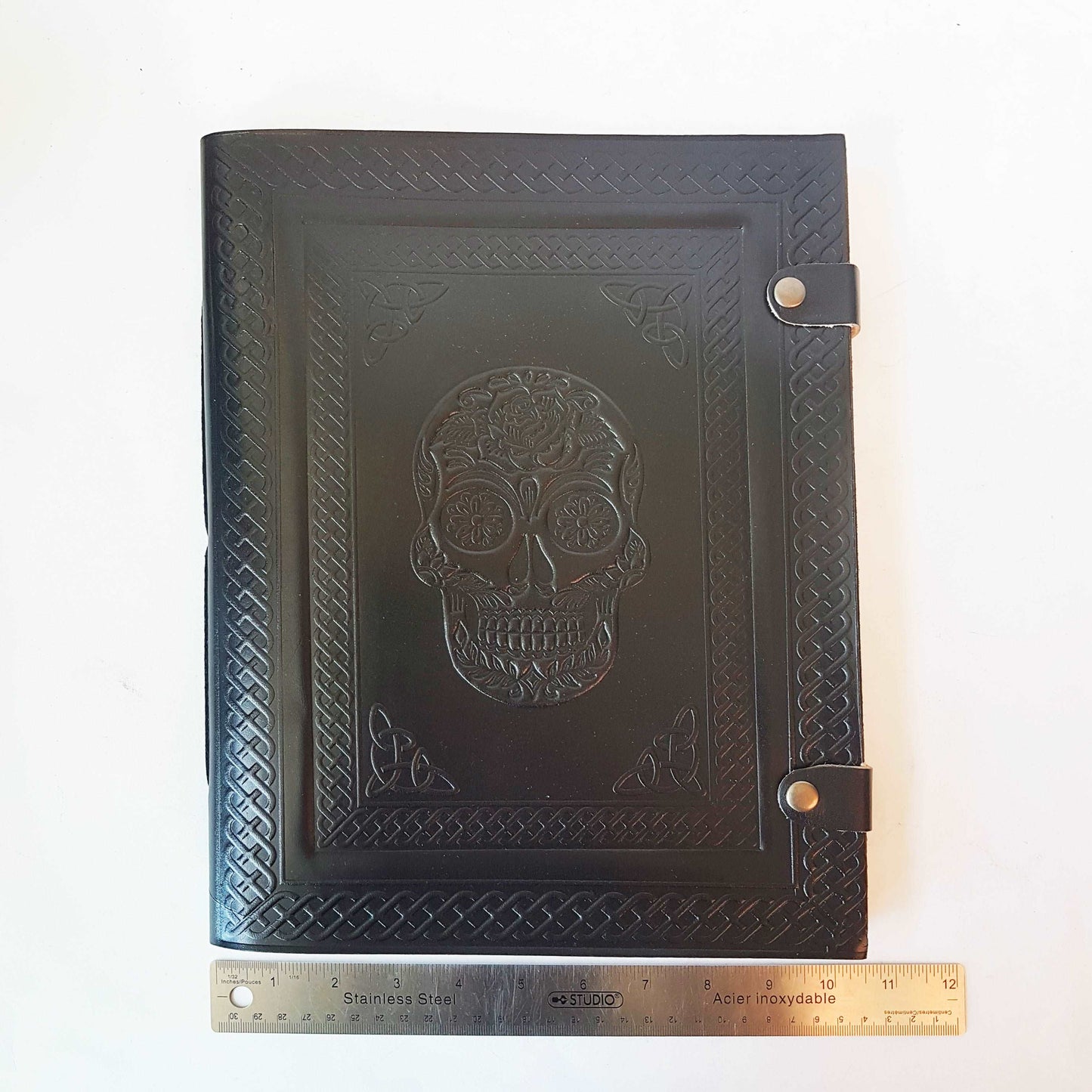 Black leather skull journal. Large album with blank pages. Use as sketchbook, diary, book of shadows. Halloween-wiccan-pagan theme gift.