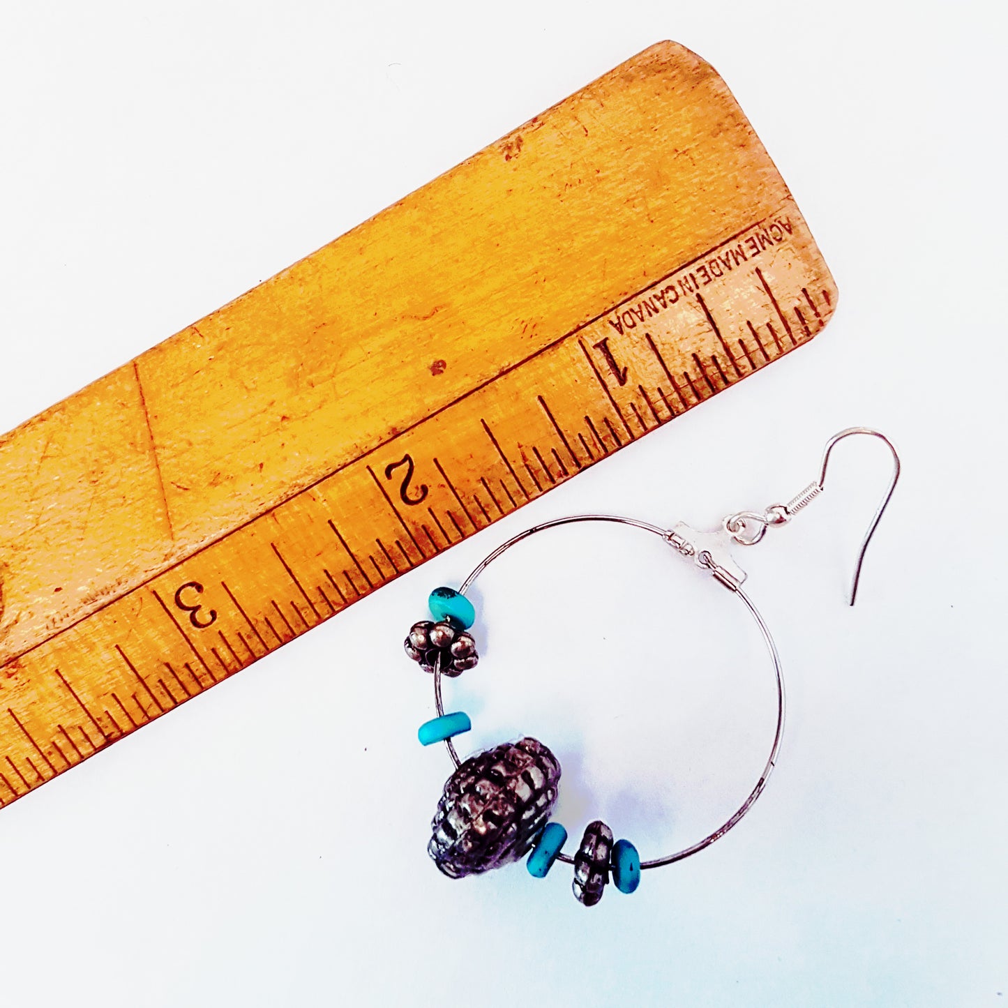 Silver hoop earrings with engraved vintage pewter beads & turquoise stones.