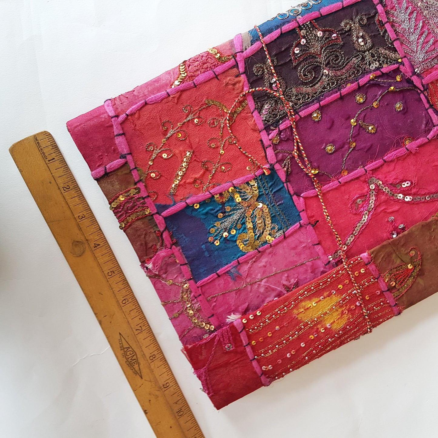 Fuchsia & red patchwork journal guest book XL. Fabric bound hardcover.