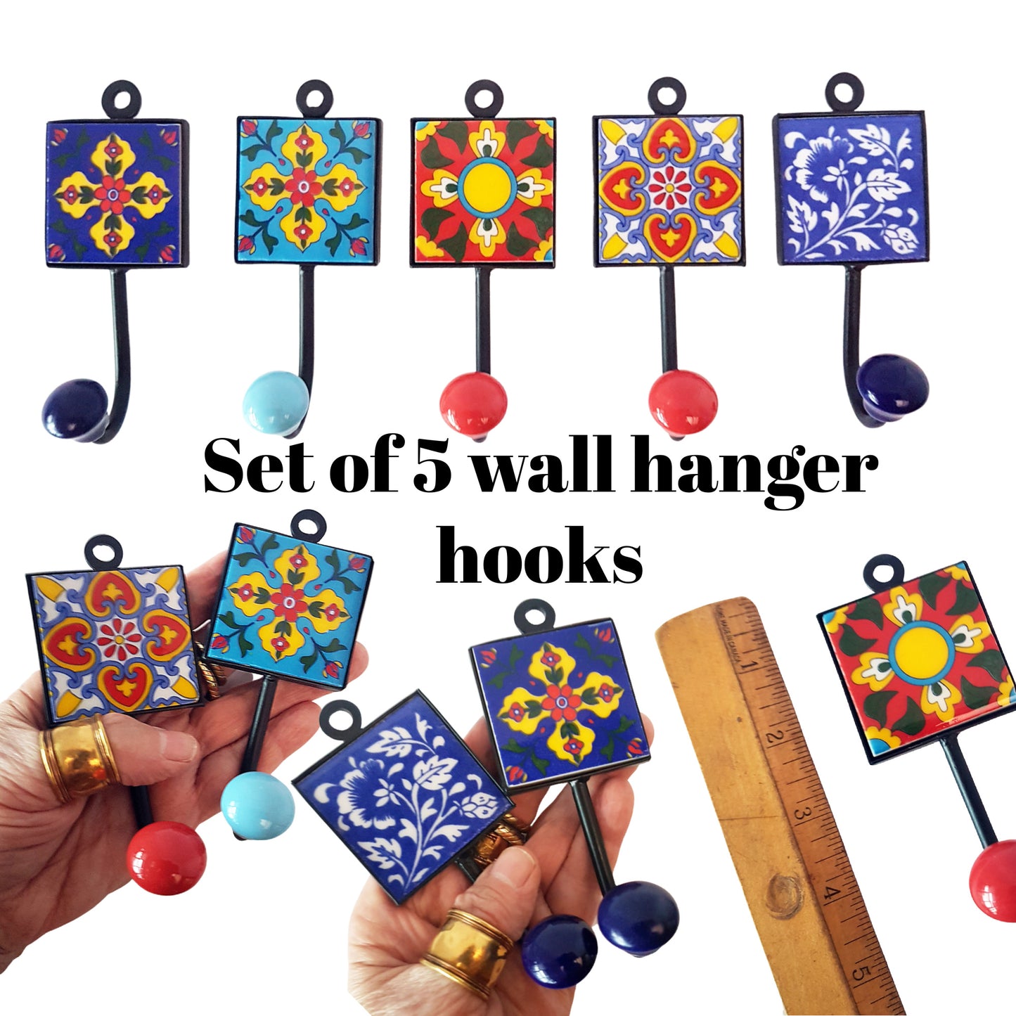 5 Coat hooks-wall hook hangers for decorative home decor. Corfu exclusive collection of 5 hand painted ceramic hooks . Sturdy 4.5 by 2 inch.