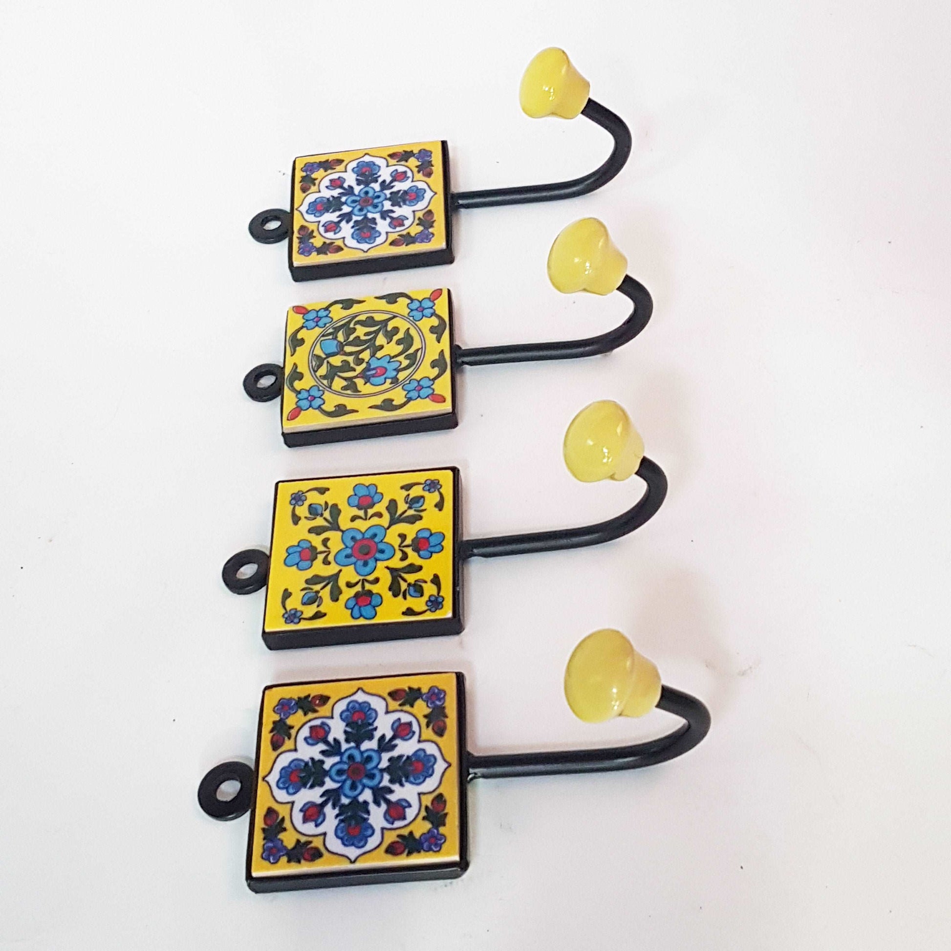 4 coat hooks-cup hooks-towel hooks-hand painted Papillon home decor collection. Wall hooks for kitchen, bedroom, bathroom. 2 by 5 inches.