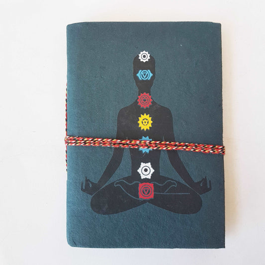 7 Chakra design hand bound journal with lined pages. Slate gray fabric cover journal 5 by 7 inches. Hardcover notebook with yoga design.