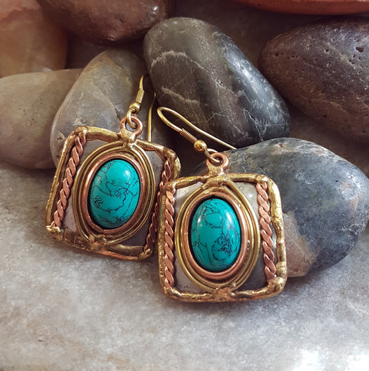 Square Shape Turquoise Gemstone Earrings in a Unique Silver-Gold Setting.