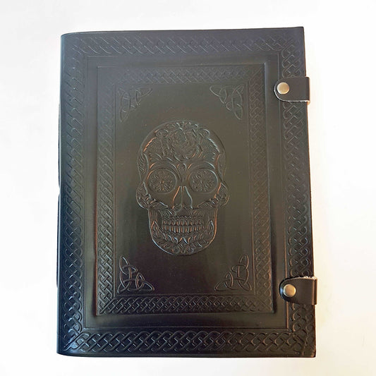 Black leather skull journal. Large album with blank pages. Use as sketchbook, diary, book of shadows. Halloween-wiccan-pagan theme gift.