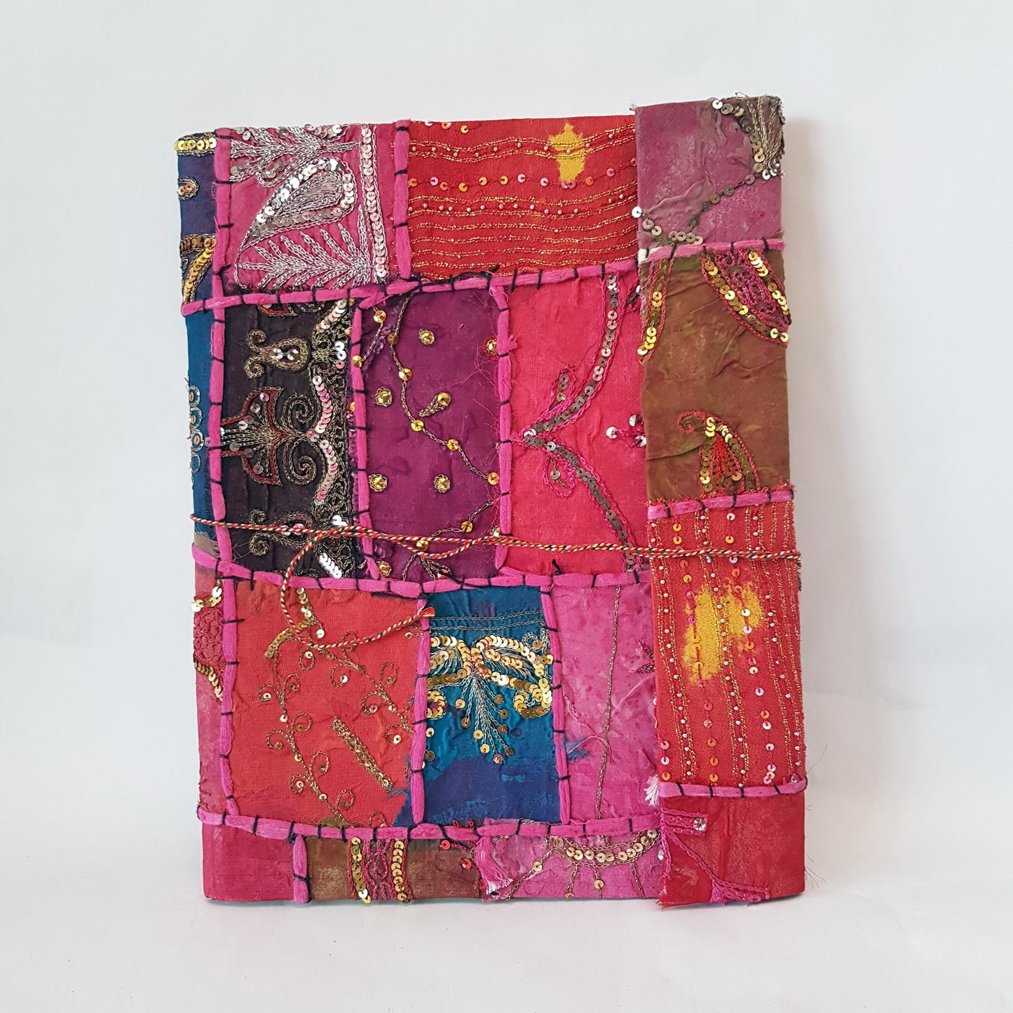 Fuchsia & red patchwork journal guest book XL. Fabric bound hardcover.