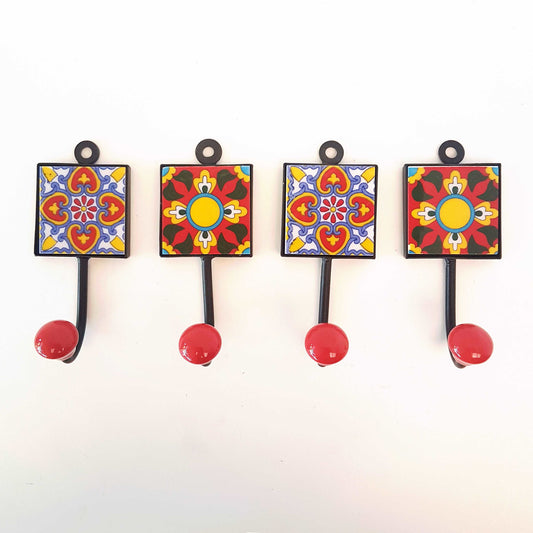 4 ceramic tile wall hooks, coat hooks, cup hooks-towel hooks. Hand painted 4 Adria coral tile hook set of 4 pieces. 4.5 by 2 inch size.