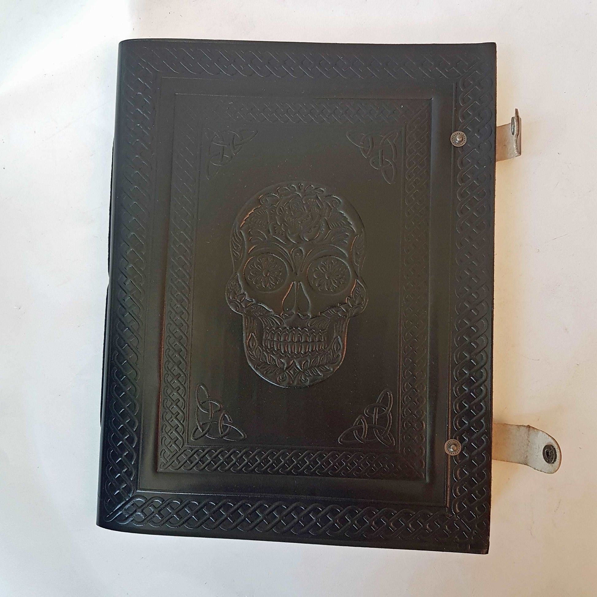 Black leather skull journal. Large album with blank pages. Use as sketchbook, diary, book of shadows. Halloween-wiccan-pagan theme gift.