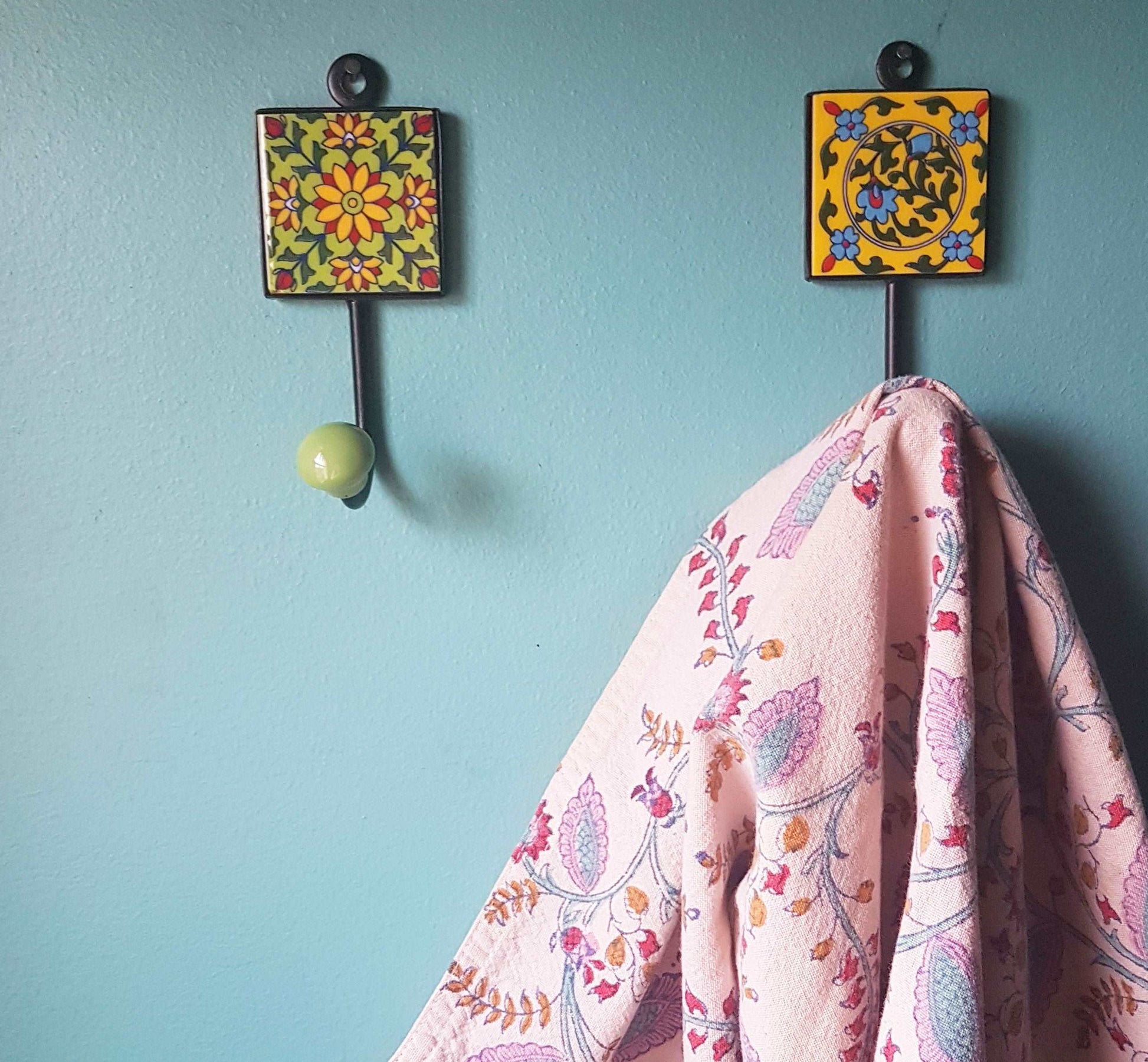 3 Coat hooks-wall hooks.  Azura collection of 3 hand painted ceramic hooks in exclusive designs . 4.5 by 2 inch. Great House warming gifts.