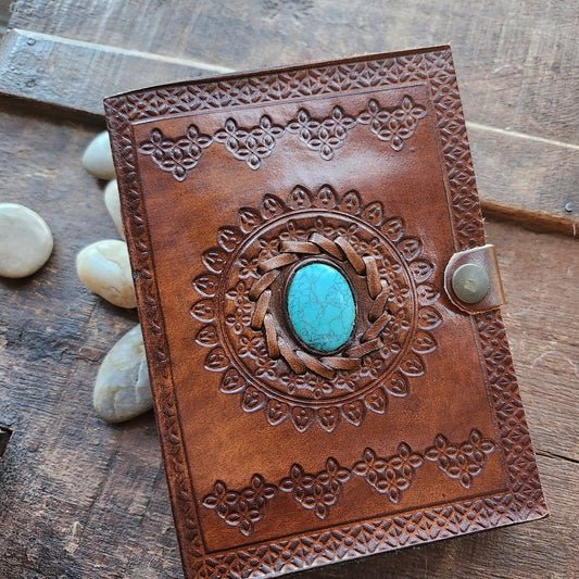 Brown Leather Bound Blank Page Journal with a Turquoise Center Gemstone.