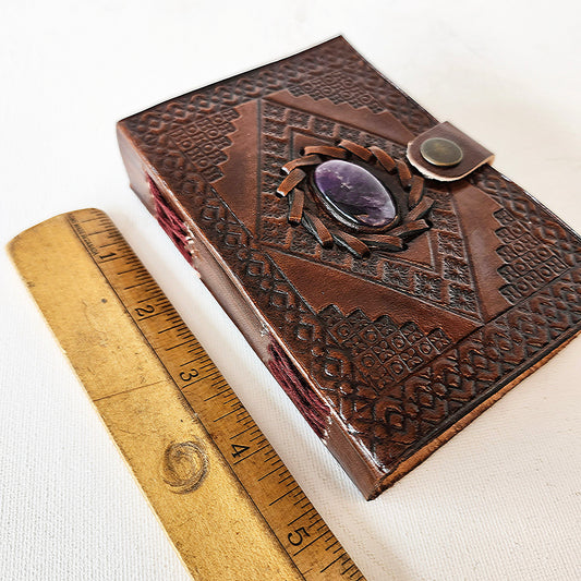 Brown Leather Bound Journal with an Inlaid Amethyst Cover. Hand Embossed on Front & Back. Trip Diary, Notebook, Sketches, Doodles, Lists.