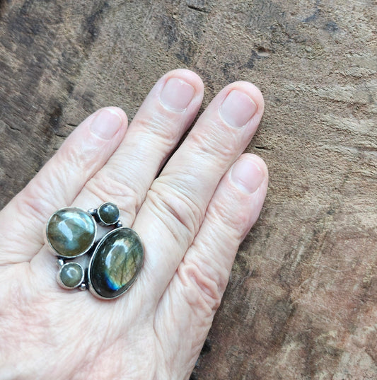 Silver Geometric Ring with 4  Labradorite Gemstones. One Size Fits All.