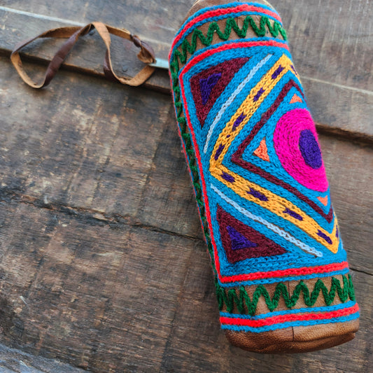 Leather Tube Pouch with a Colorful Hand Embroidered Boho Hippie design.