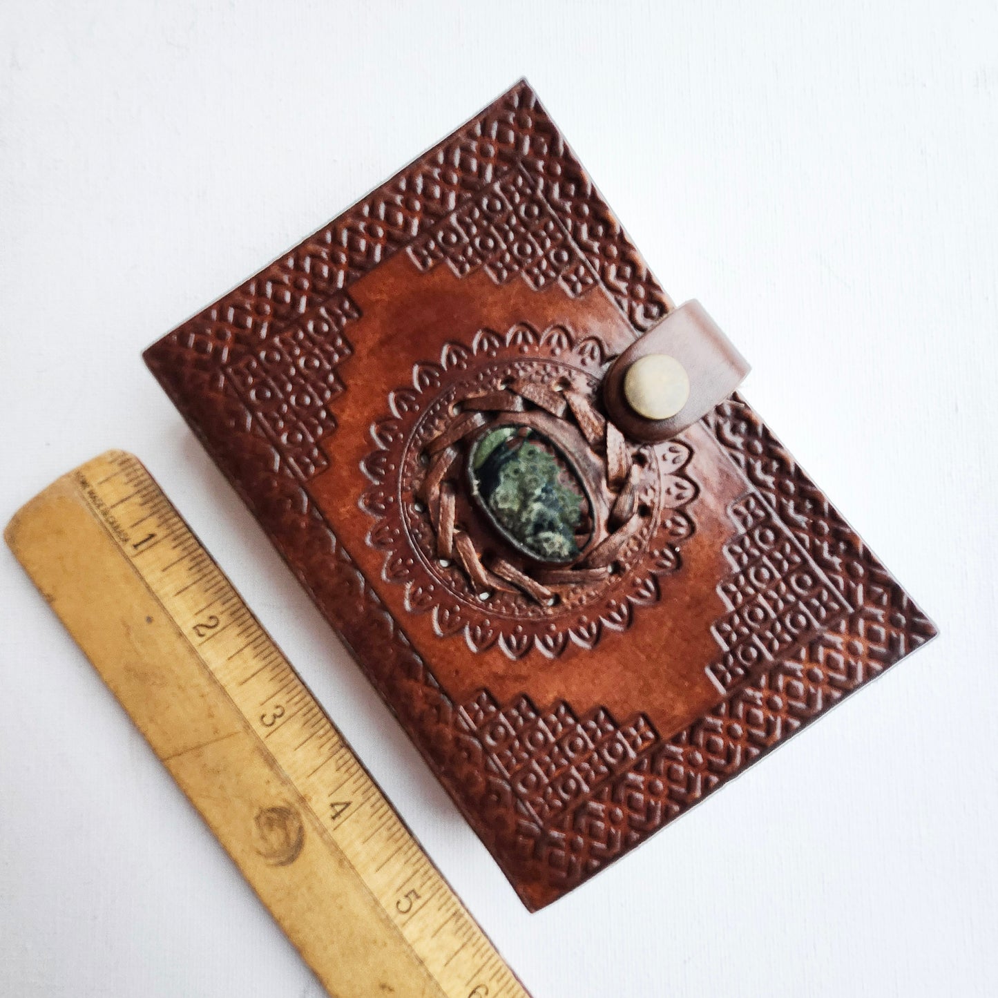Small Leather Bound Journal. Green Jasper GemstoneCover.