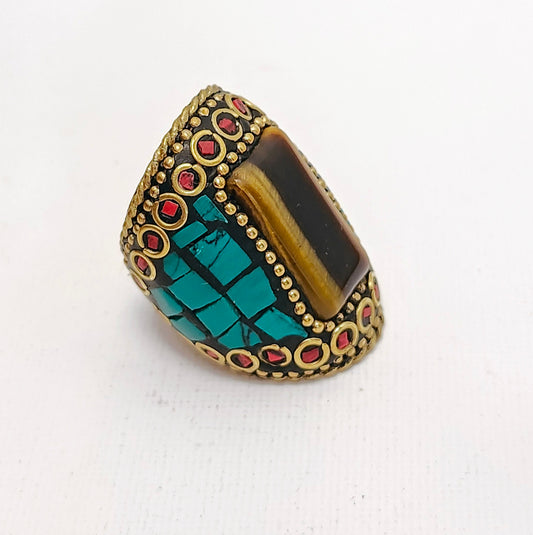 Turquoise Mosaic Ring with a Rectangular Tiger Eye Gemstone.