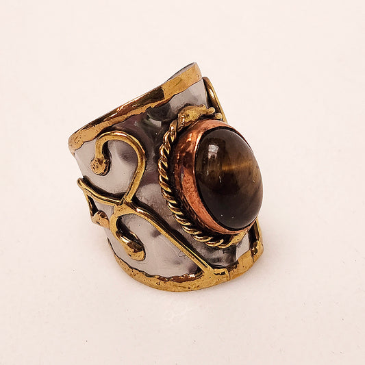 Silver Artisan Handmade Tiger Eye Gemstone Ring. Adjustable Fit. Medieval Aesthetic Poured Brass Overlay Motif. Unique & One of a Kind.