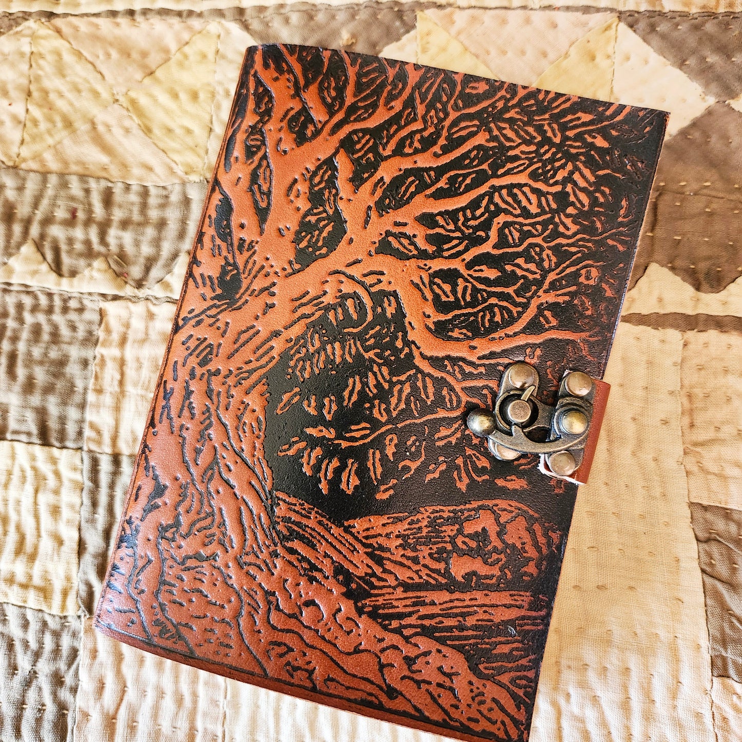 Brown Leather Bound Artisan Handmade Embossed Journal. Gothic Tree of Life Aesthetic