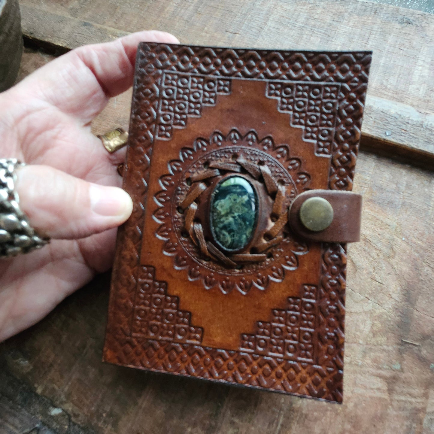 Small Leather Bound Journal. Green Jasper GemstoneCover.