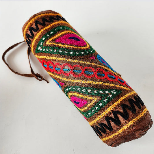 Leather Tube Pouch with a Colorful Hand Embroidered Boho Hippie design.