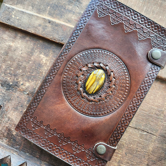 Brown Leather Embossed Journal with an Inlaid Tigers Eye Gemstone Cover.