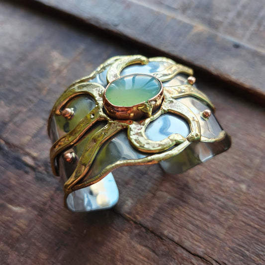Silver & Bronze Cuff Bracelet with an Inlaid Oval Jadeite Gemstone. Adjustable Fit.