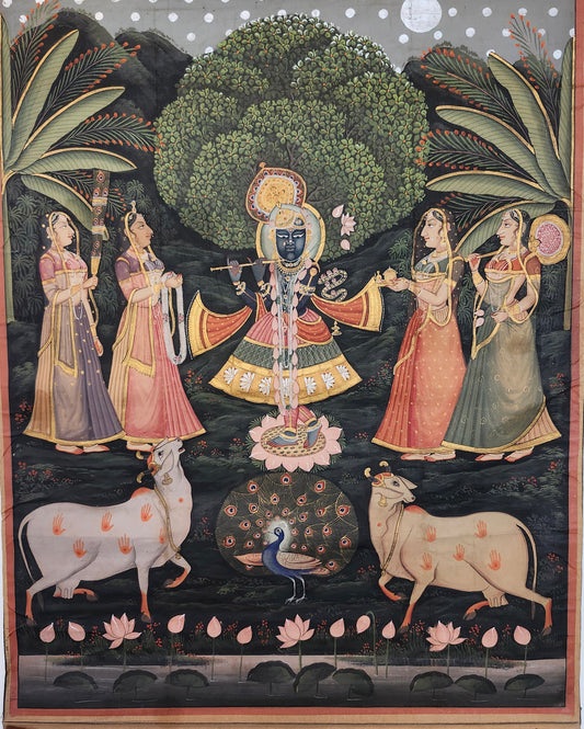 Vintage Hand Painted Original Pichwai Krishna Art on Cotton Canvas.