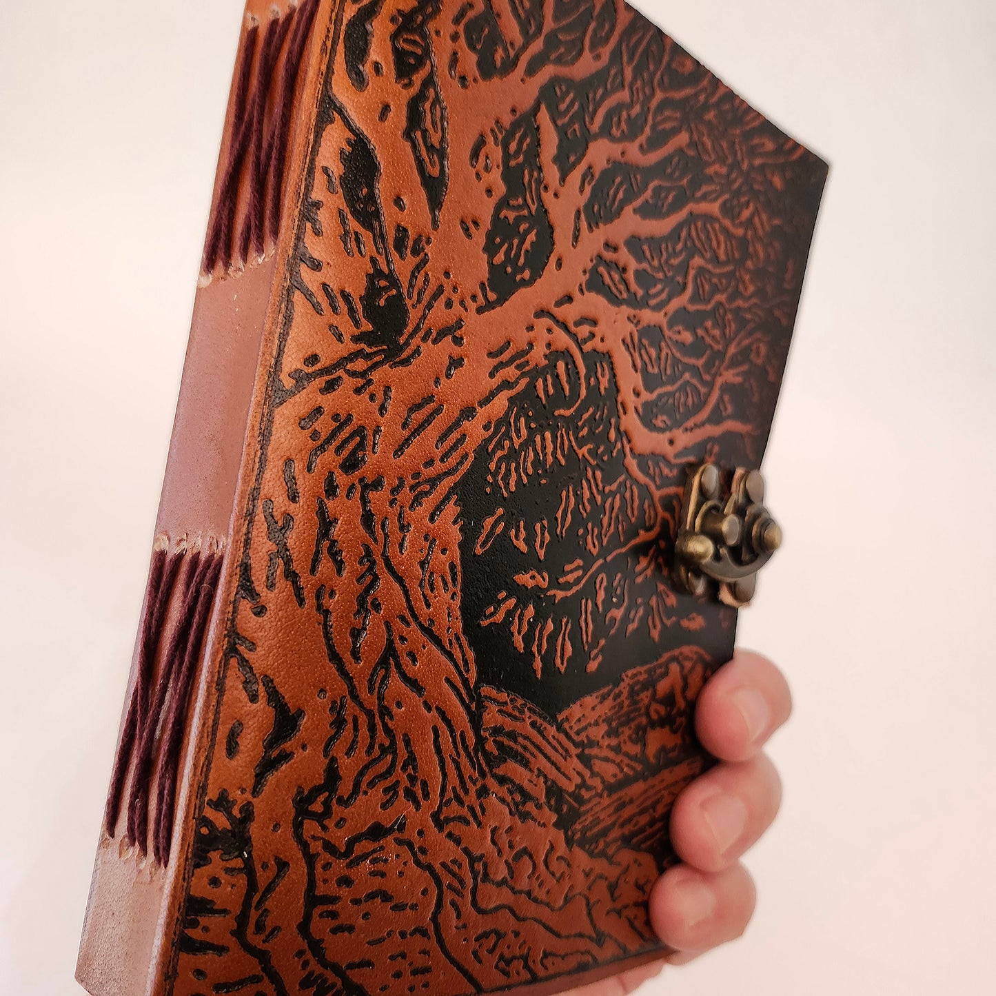 Brown Leather Bound Artisan Handmade Embossed Journal. Gothic Tree of Life Aesthetic