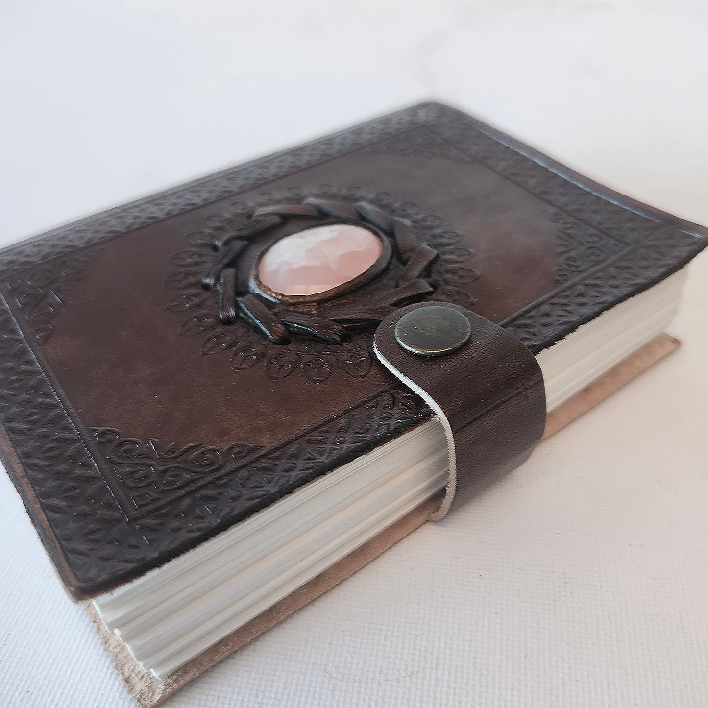 Leather Bound Gemstone Studded Journal with an Inlaid Oval Rose Quartz Stone.