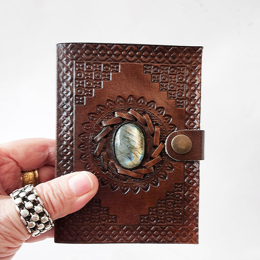Brown Leather Bound Blank Page Journal with a Labradorite Center Gemstone.