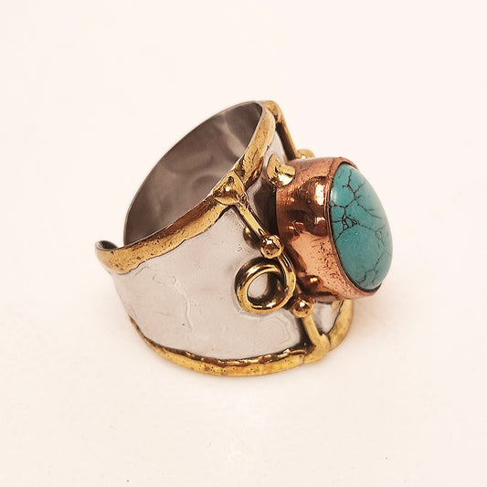 Silver Artisan Handmade Turquoise Gemstone Ring. Adjustable fit.